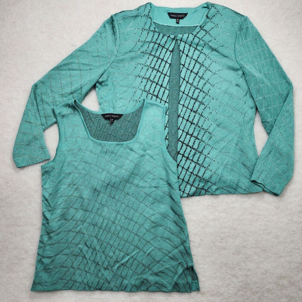 Ming Wang Cardigan Sweater Set Tank Shell Snake Print Teal Sz M Fine Knit